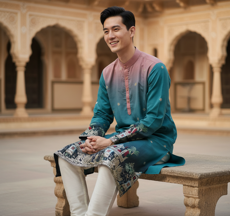 Men's Ombre Teal-Pink Kurta with Intricate Folk Art Embroidery 7