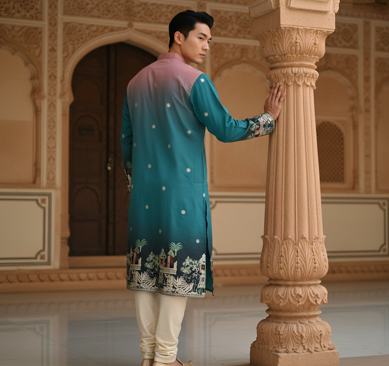 Men's Ombre Teal-Pink Kurta with Intricate Folk Art Embroidery 9