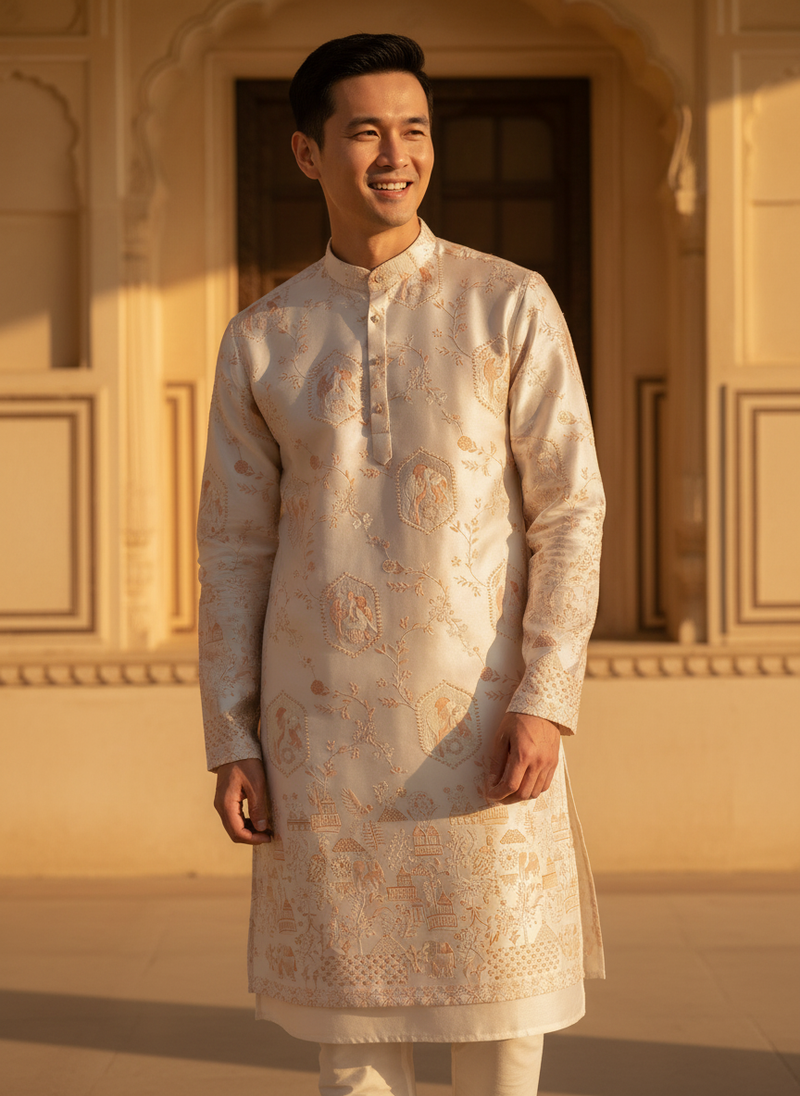 Men's Ivory Embroidered Art Silk Blend Festive Kurta 2