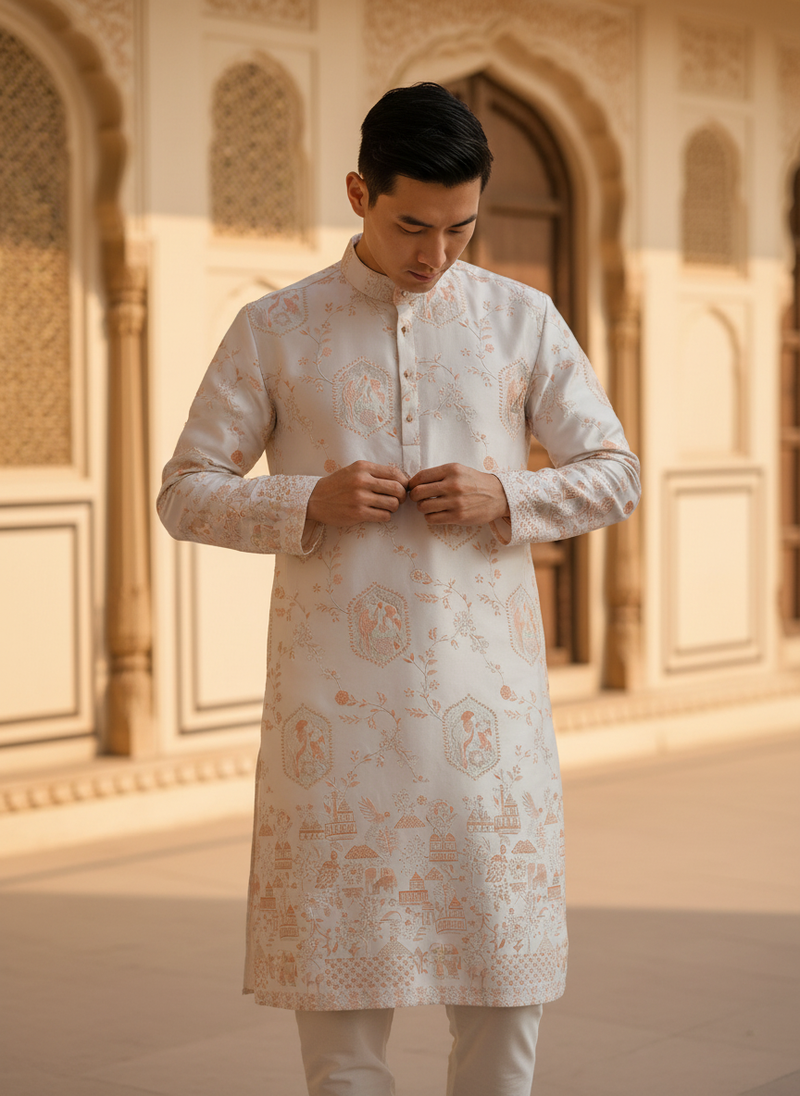 Men's Ivory Embroidered Art Silk Blend Festive Kurta 4