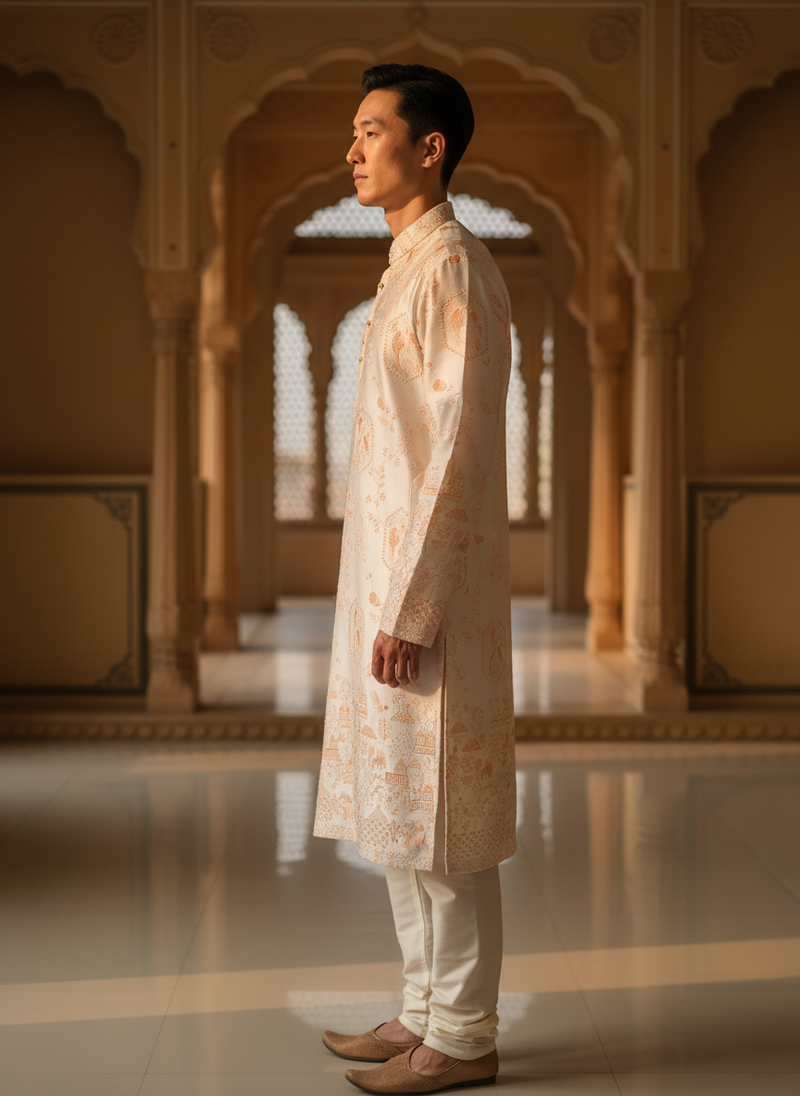 Men's Ivory Embroidered Art Silk Blend Festive Kurta 5