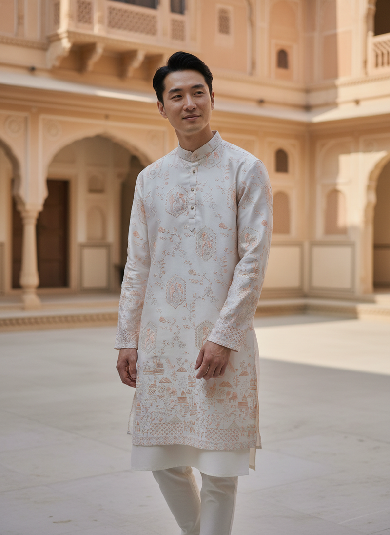 Men's Ivory Embroidered Art Silk Blend Festive Kurta 6