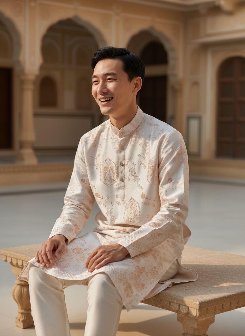 Men's Ivory Embroidered Art Silk Blend Festive Kurta 7