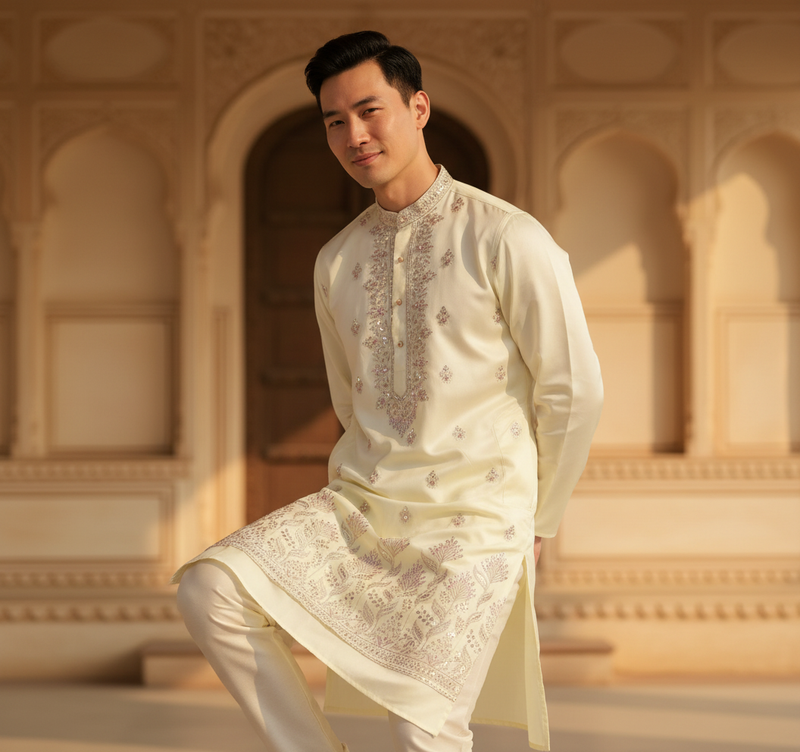 Men's Ivory Art Silk Blend Festive Embroidered Kurta 2