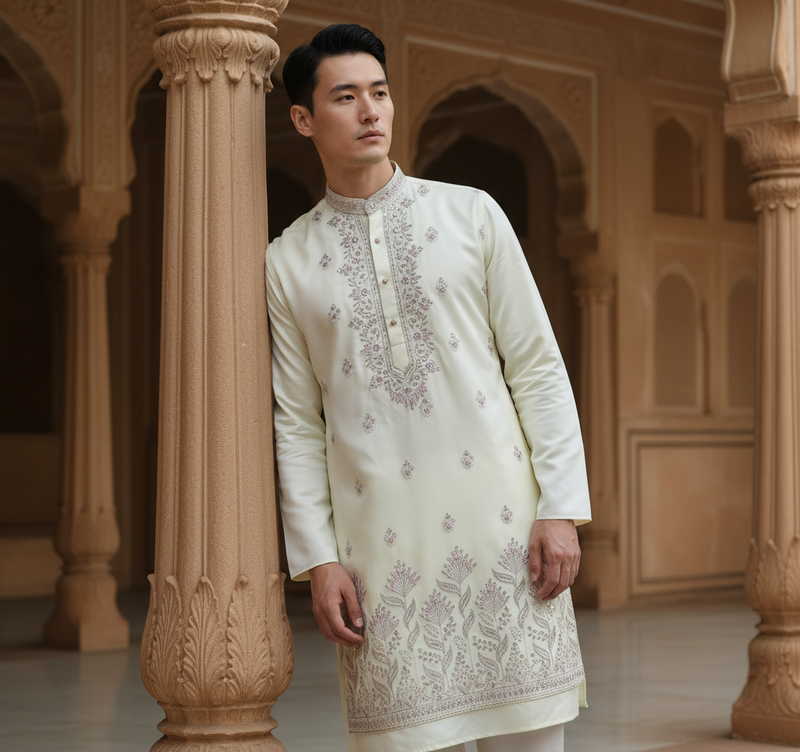 Men's Ivory Art Silk Blend Festive Embroidered Kurta 4