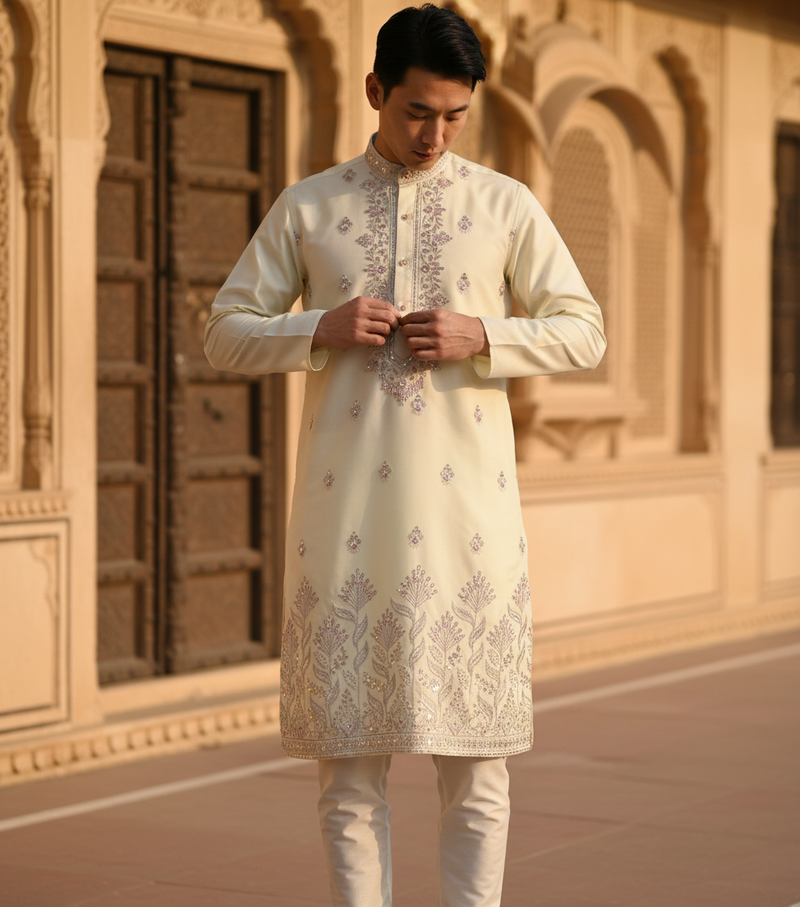 Men's Ivory Art Silk Blend Festive Embroidered Kurta 5