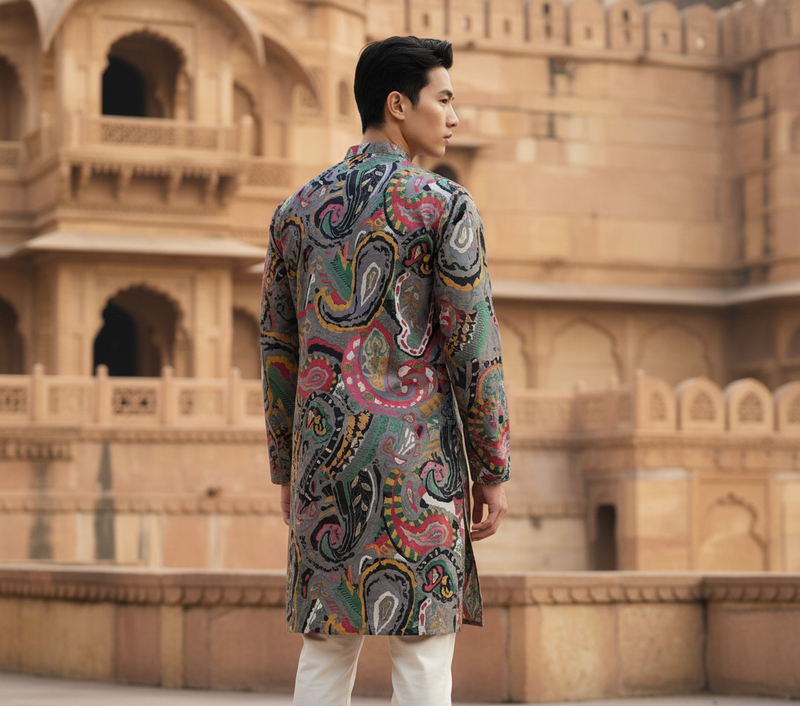 Men's Vibrant Multicolor Paisley Print Art Silk Blend Kurta 10
