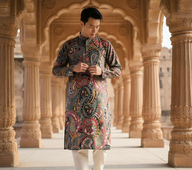 Men's Vibrant Multicolor Paisley Print Art Silk Blend Kurta 5