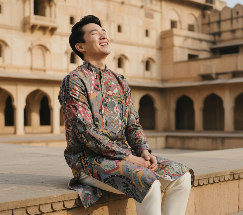 Men's Vibrant Multicolor Paisley Print Art Silk Blend Kurta 7