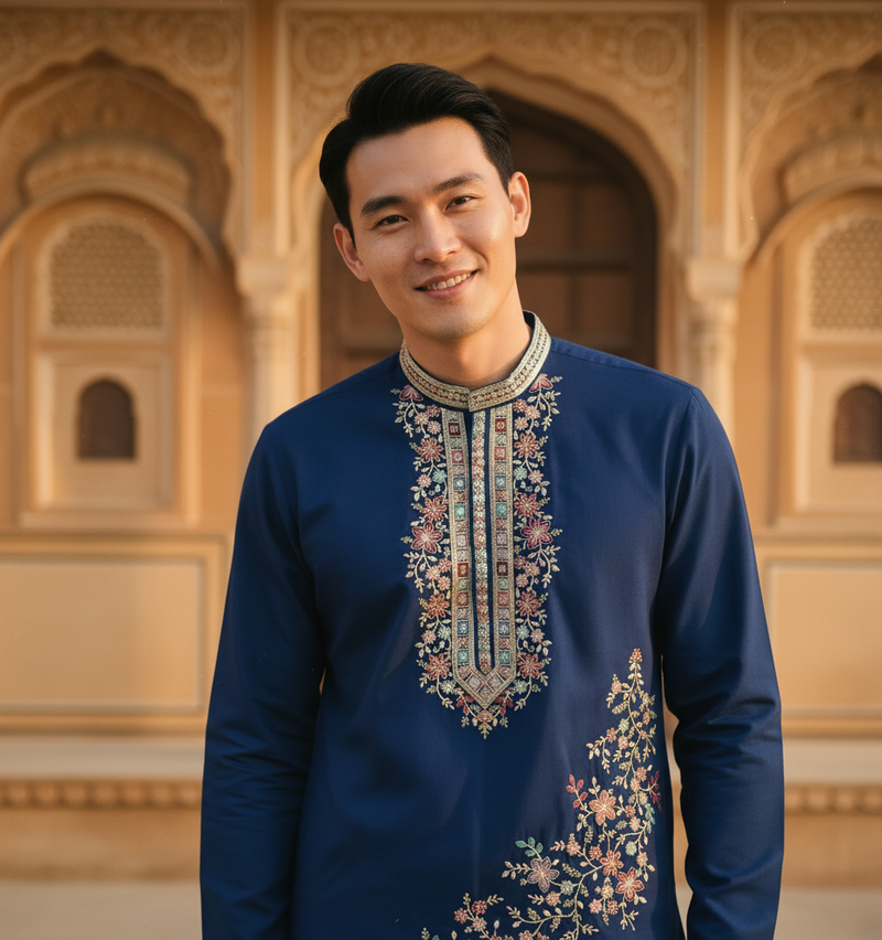 Men's Navy Blue Floral Embroidered Art Silk Blend Kurta Pyjama Set 2