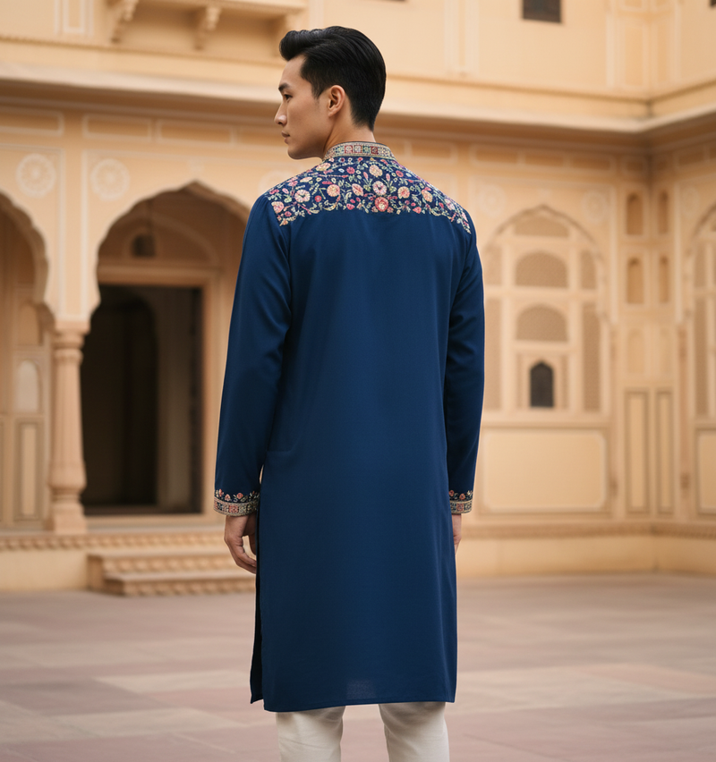 Men's Navy Blue Floral Embroidered Art Silk Blend Kurta Pyjama Set 10