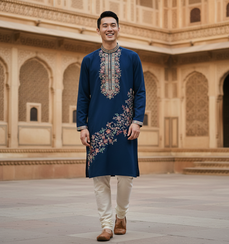 Men's Navy Blue Floral Embroidered Art Silk Blend Kurta Pyjama Set 3
