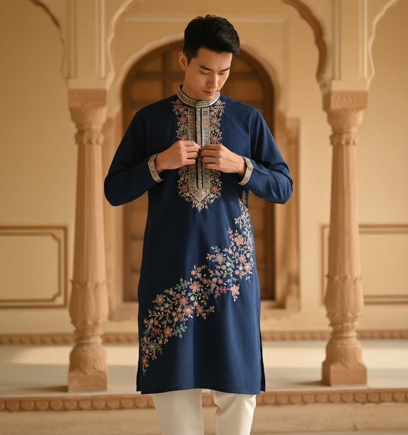 Men's Navy Blue Floral Embroidered Art Silk Blend Kurta Pyjama Set 4