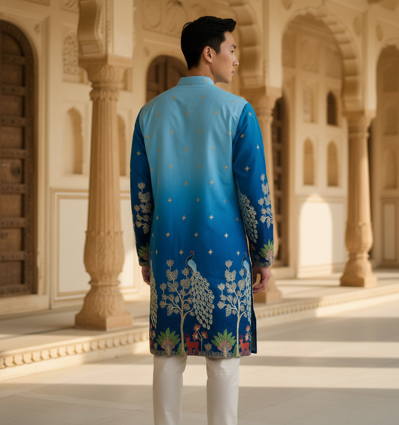 Men's Ombre Blue Peacock & Forest Embroidered Art Silk Kurta 10