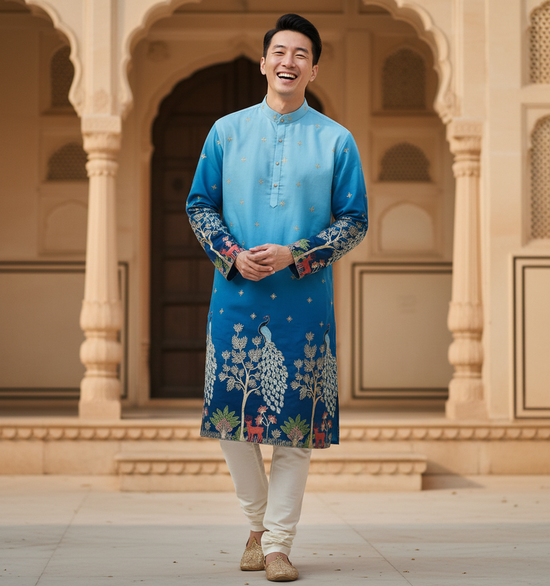 Men's Ombre Blue Peacock & Forest Embroidered Art Silk Kurta 3