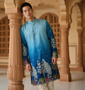 Men's Ombre Blue Peacock & Forest Embroidered Art Silk Kurta