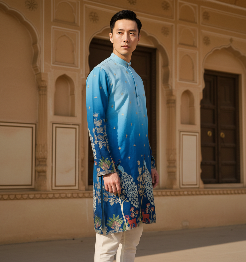 Men's Ombre Blue Peacock & Forest Embroidered Art Silk Kurta 5