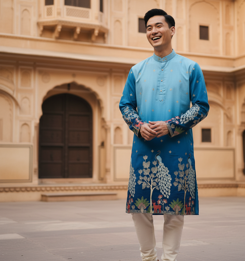 Men's Ombre Blue Peacock & Forest Embroidered Art Silk Kurta 6