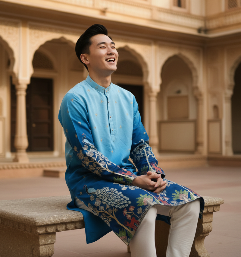Men's Ombre Blue Peacock & Forest Embroidered Art Silk Kurta 7