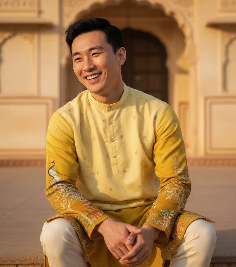 Men's Festive Yellow Ombre Art Silk Kurta with Peacock & Forest Embroidery 2