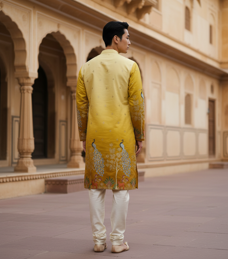 Men's Festive Yellow Ombre Art Silk Kurta with Peacock & Forest Embroidery 10