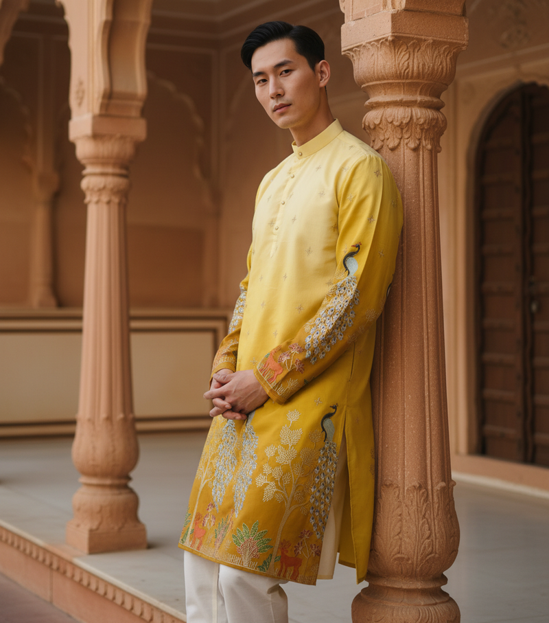 Men's Festive Yellow Ombre Art Silk Kurta with Peacock & Forest Embroidery 3