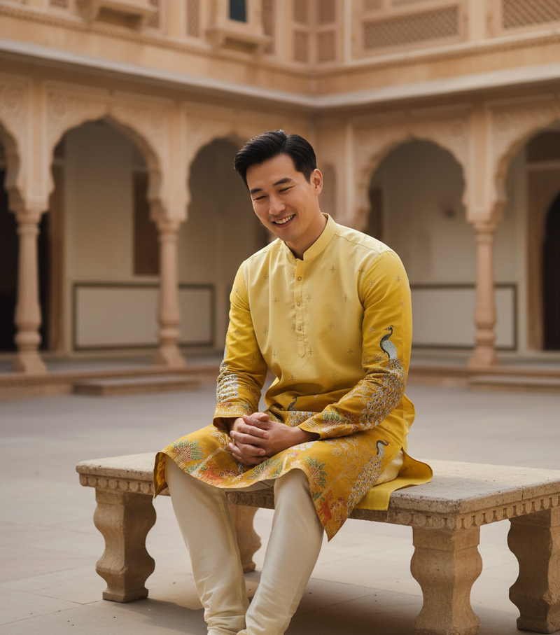 Men's Festive Yellow Ombre Art Silk Kurta with Peacock & Forest Embroidery 7