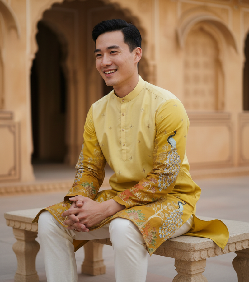 Men's Festive Yellow Ombre Art Silk Kurta with Peacock & Forest Embroidery 8