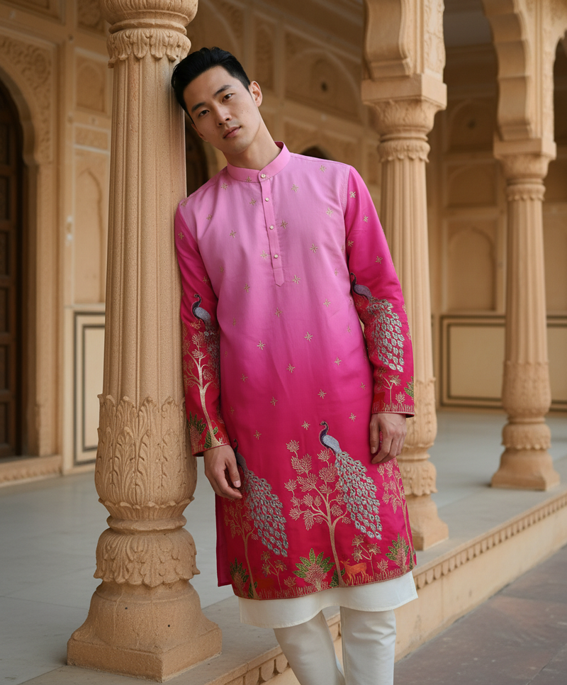 Men's Ombre Pink Peacock Embroidered Art Silk Kurta 3