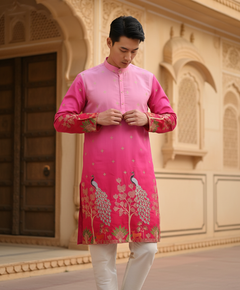 Men's Ombre Pink Peacock Embroidered Art Silk Kurta 4