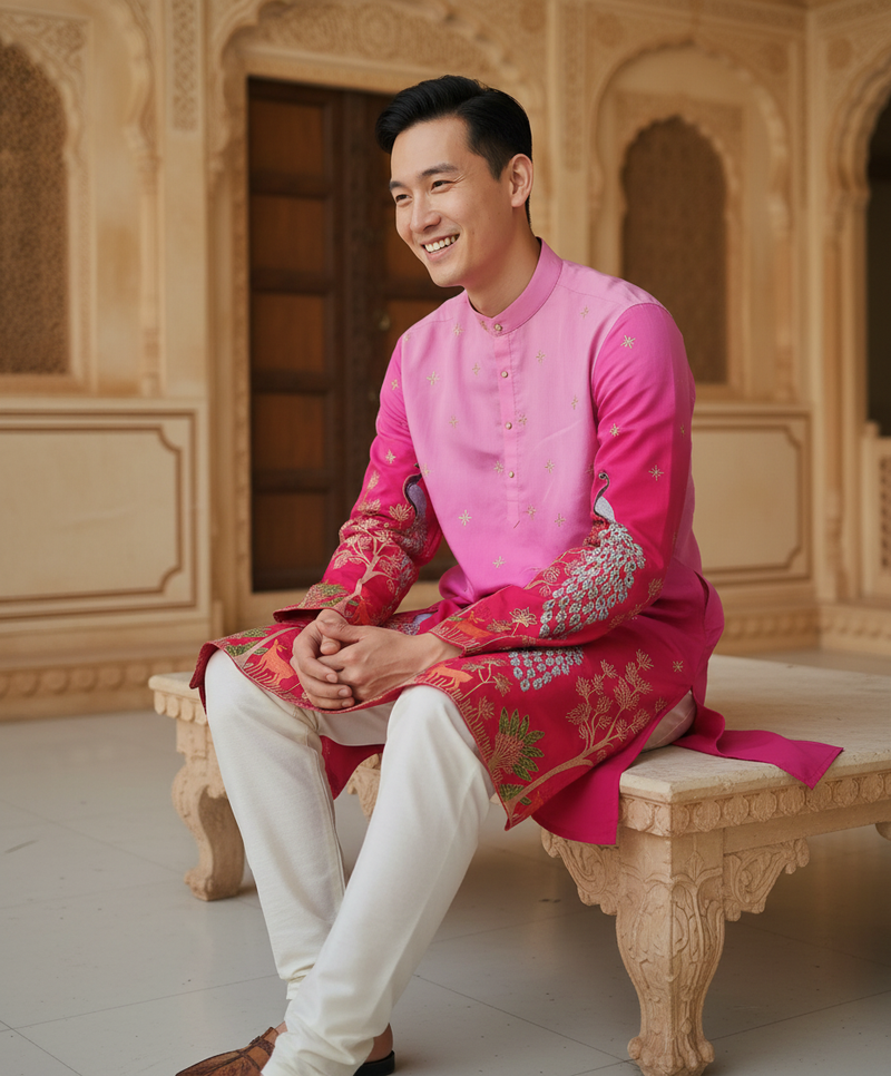 Men's Ombre Pink Peacock Embroidered Art Silk Kurta 8
