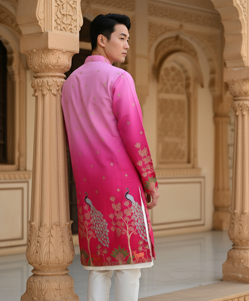 Men's Ombre Pink Peacock Embroidered Art Silk Kurta 9