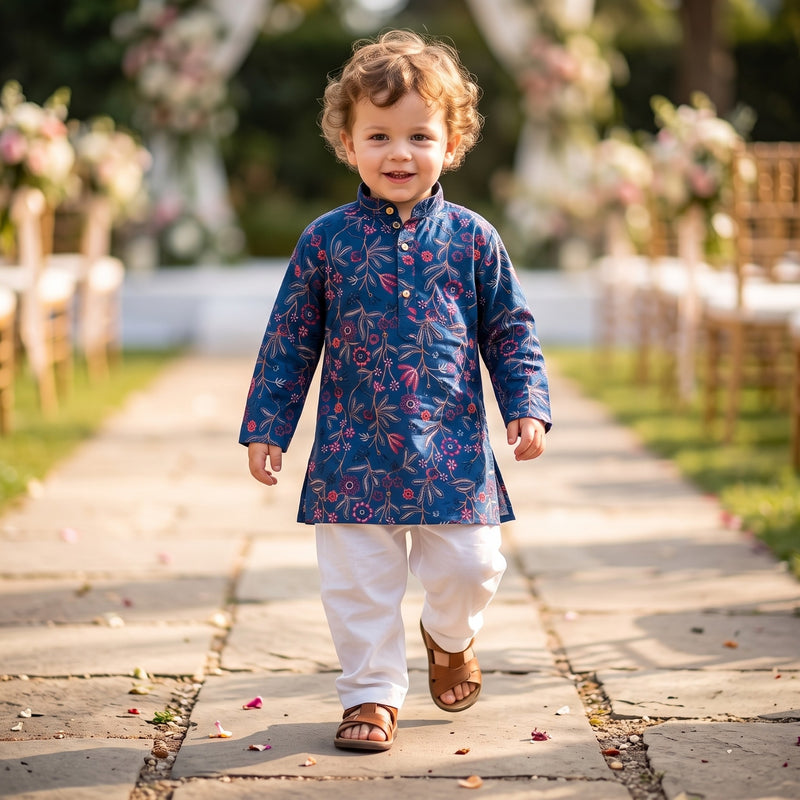 Boys Navy Blue Floral Embroidered Lachka Kurta Pyjama Set – 2–3 Years 2