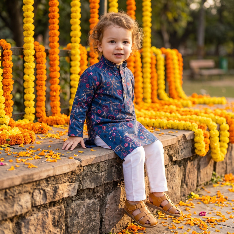 Boys Navy Blue Floral Embroidered Lachka Kurta Pyjama Set – 2–3 Years 5