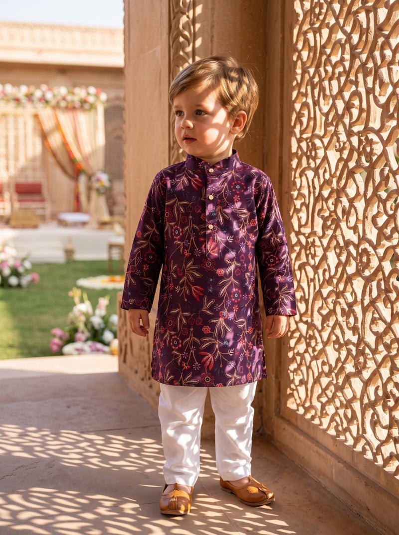 Boys Purple Floral Embroidered Cotton Blend Kurta – 2–3 Years 2