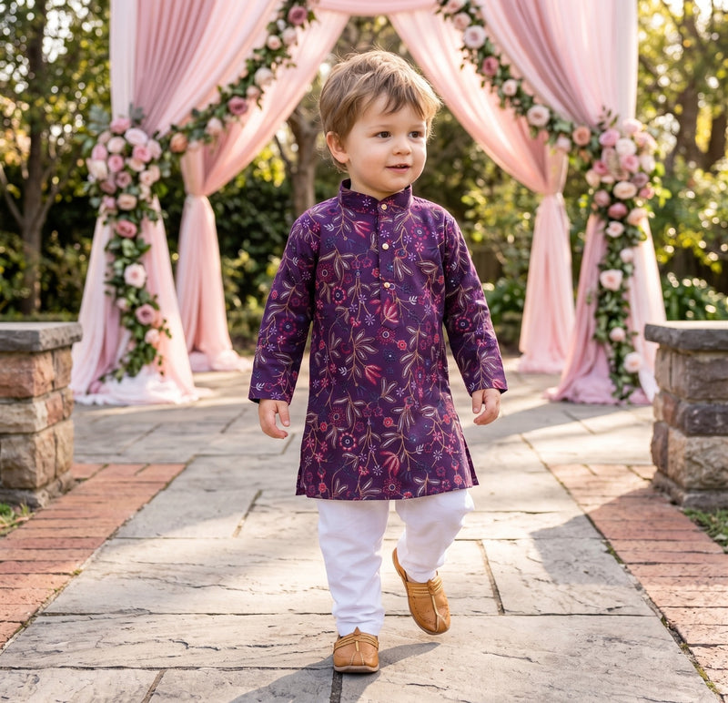 Boys Purple Floral Embroidered Cotton Blend Kurta – 2–3 Years 1
