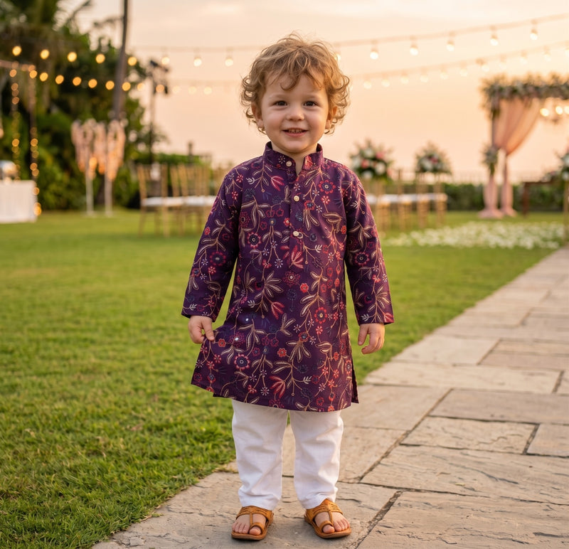 Boys Purple Floral Embroidered Cotton Blend Kurta – 2–3 Years 5
