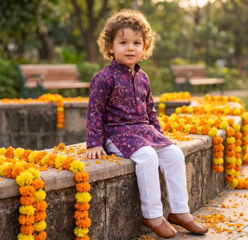 Boys Purple Floral Embroidered Cotton Blend Kurta – 2–3 Years 8