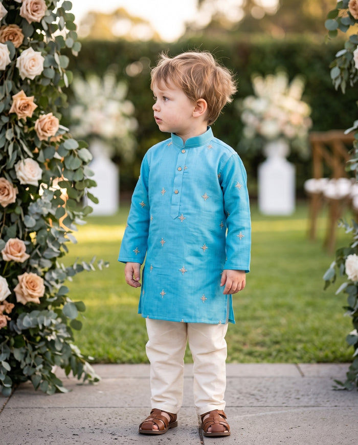 TryBuy Boys Sky-Blue Gold-Tone Embroidered Kurta – 2–3 Years 2