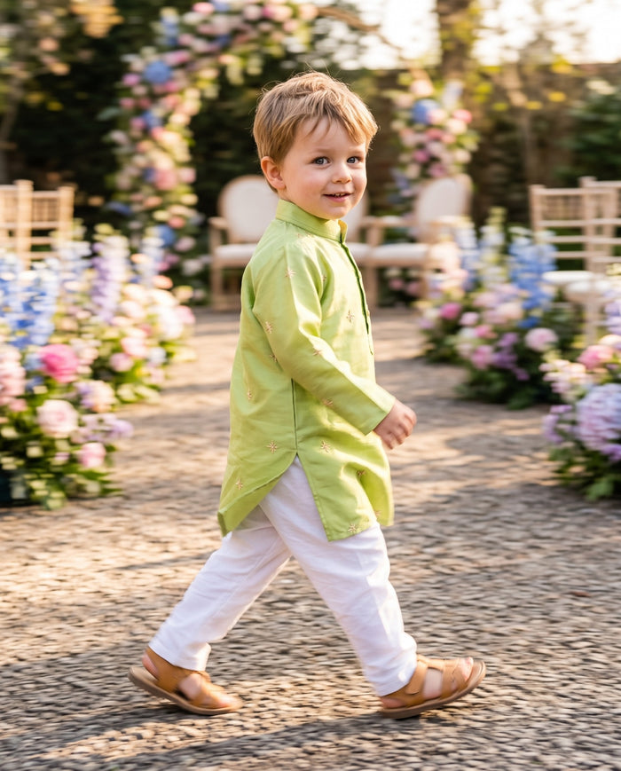 Boys Lime Green Gold Motif Embroidered Kurta – 2–3 Years 2