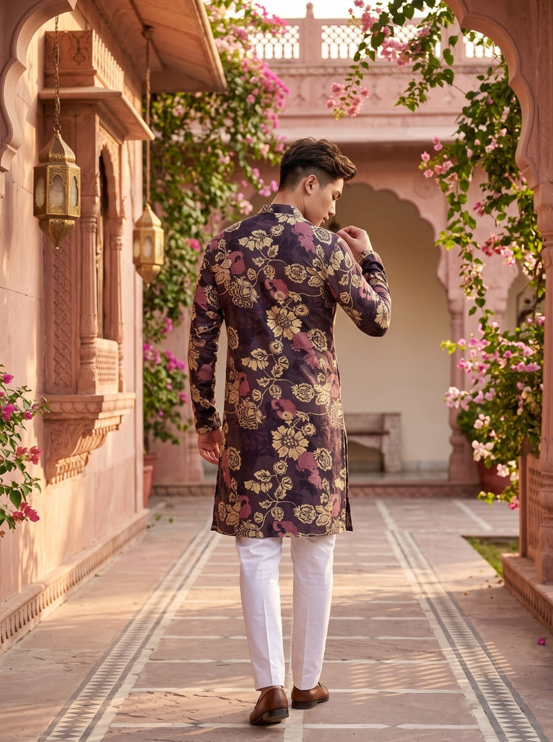 Men's Plum Purple Floral Peacock Print Viscose Rayon Blend Kurta 5