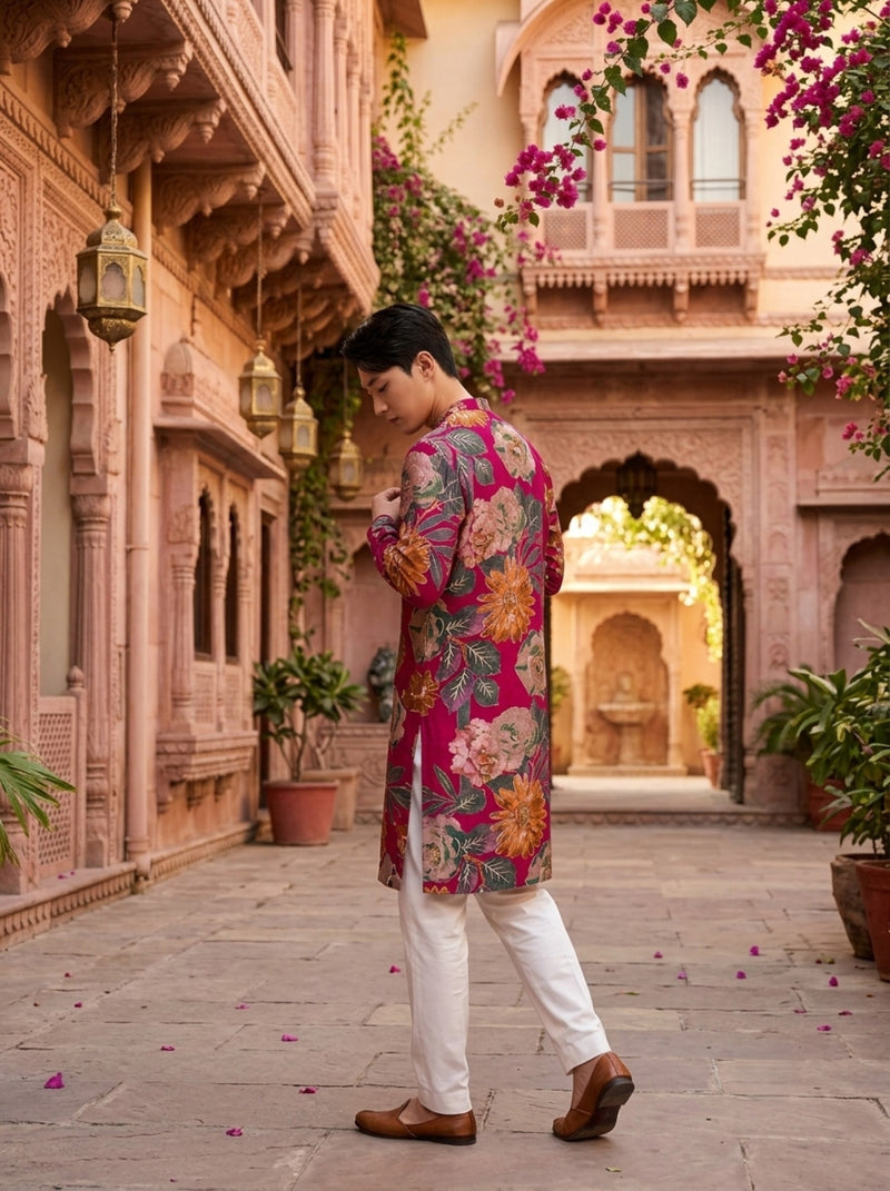 Men's Rust Red Multicolour Floral Print Viscose Rayon Blend Kurta 5