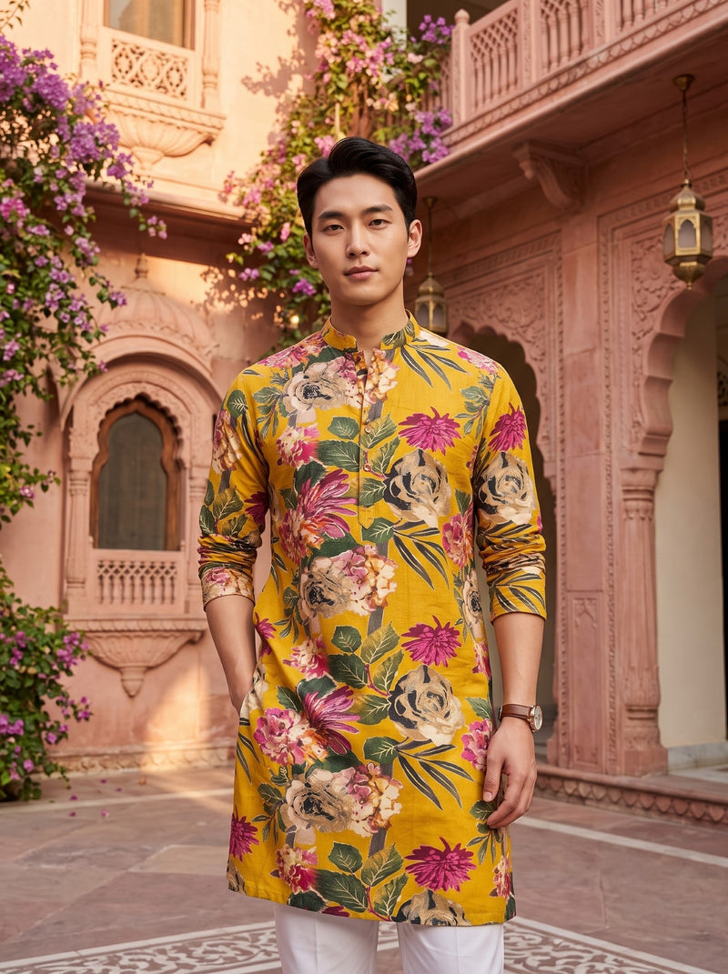 Men's Mustard Yellow Multicolour Floral Print Viscose Rayon Blend Kurta 8