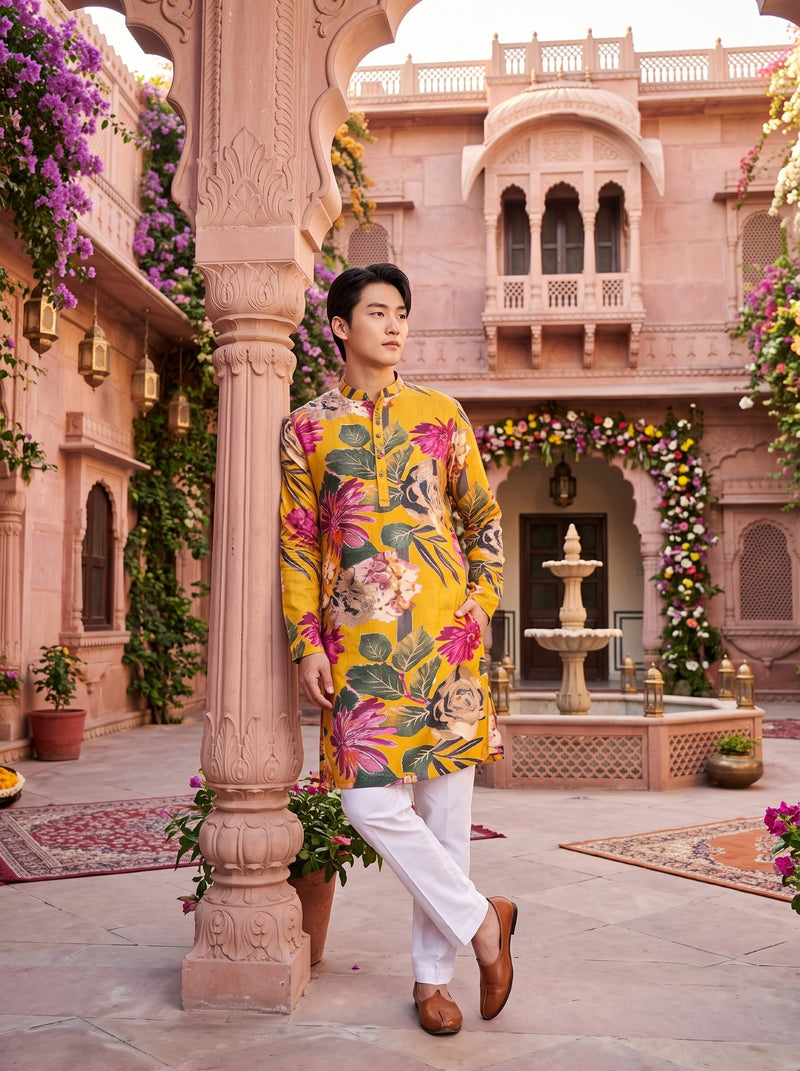 Men's Mustard Yellow Multicolour Floral Print Viscose Rayon Blend Kurta 4