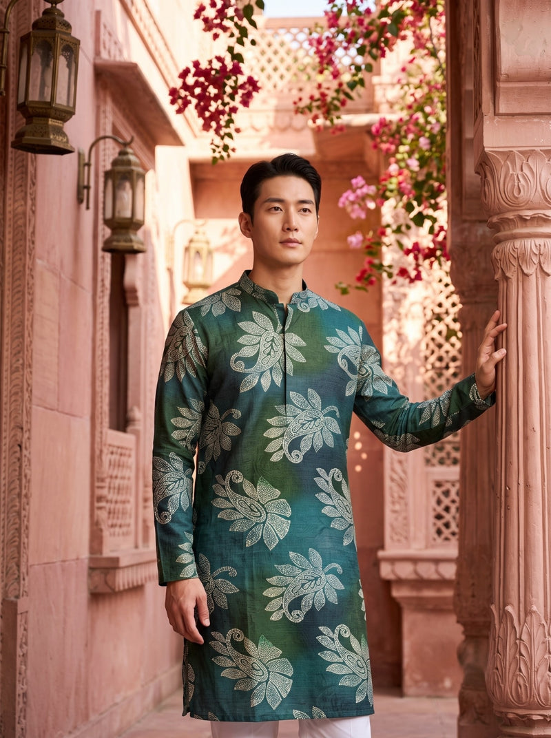 Men's Emerald Teal Botanical Print Viscose Rayon Kurta 11
