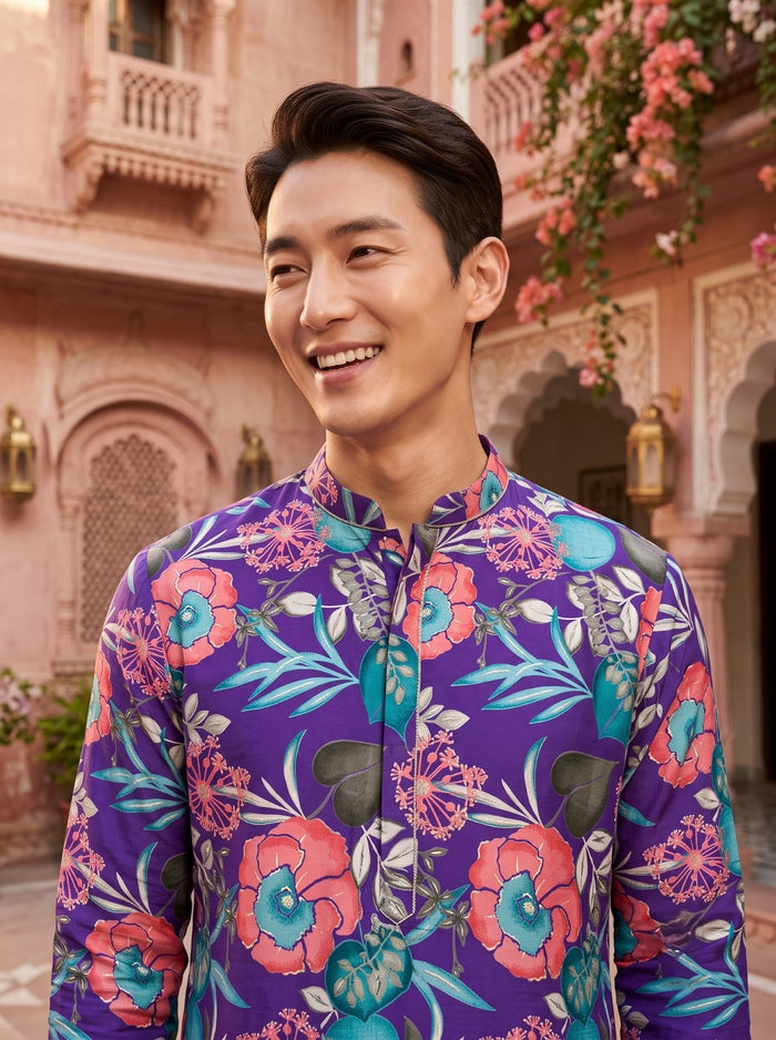 Men's Purple Tropical Floral Printed Viscose Rayon Kurta 2