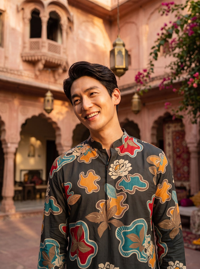 Men's Charcoal Abstract Floral Printed Viscose Rayon Kurta 2
