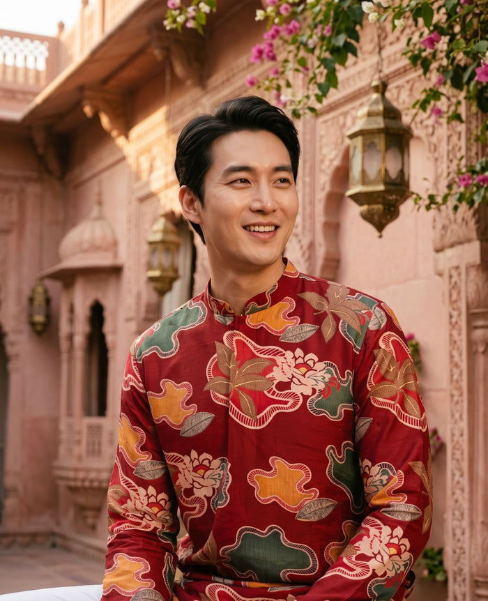 Men's Red Abstract Floral Printed Viscose Rayon Kurta 2