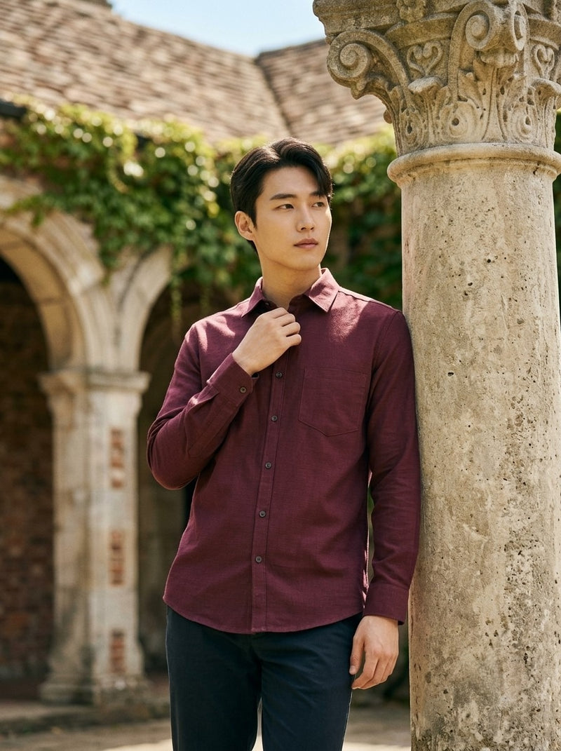 Men's Burgundy Solid Cotton-Linen Full-Sleeve Shirt 5