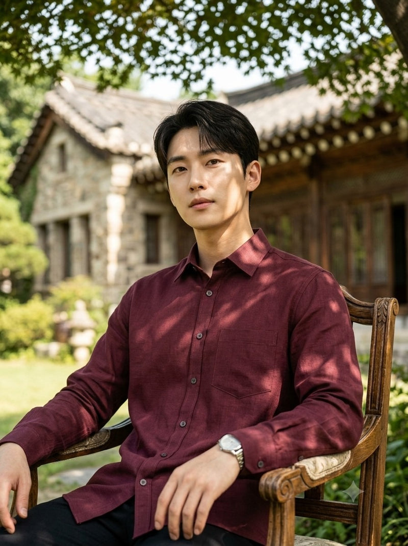 Men's Burgundy Solid Cotton-Linen Full-Sleeve Shirt 6